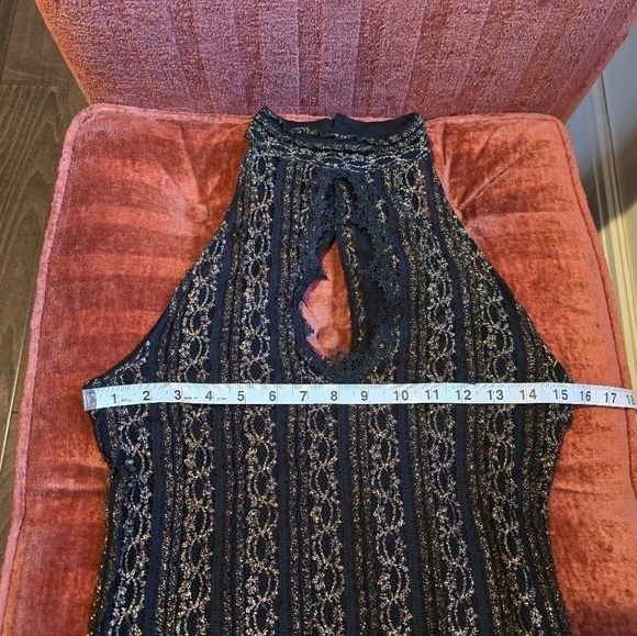 NWT Free People Black & Gold Stretch Lace Mini Dress Button Back Mock Neck Sz. S - Picture 7 of 12